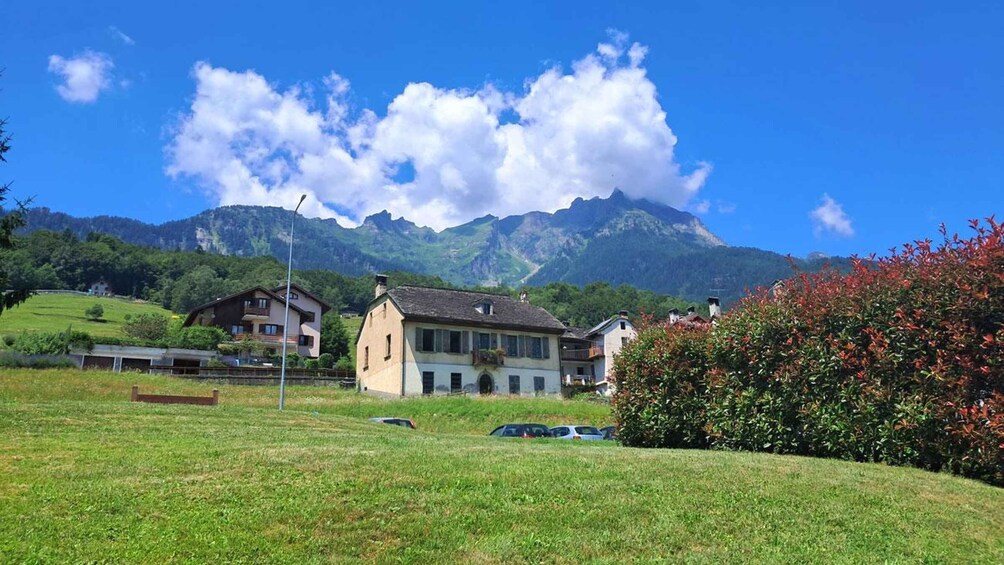 A rural landscape with houses, a grassy field, and mountains in the background. 5