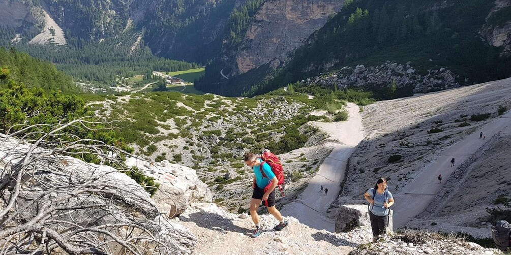Hikers on a mountain trail with a valley and forested area in the background. 2