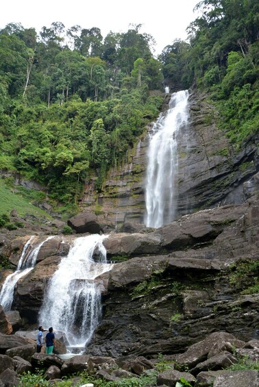 A multi-tiered waterfall surrounded by lush greenery. 2