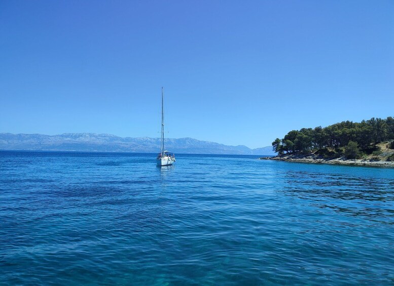 A sailboat on calm blue waters with a clear sky and distant mountains. 4