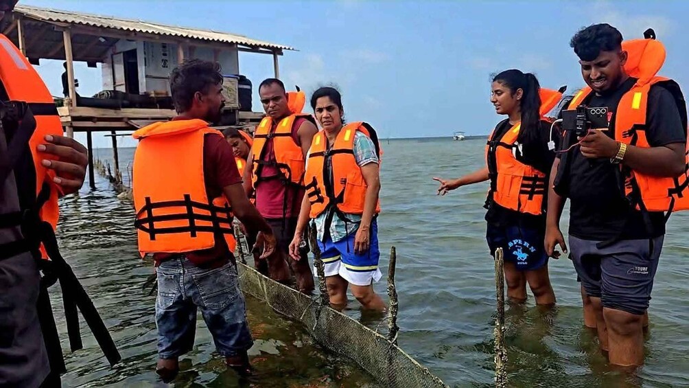 People wearing life jackets standing in shallow water near a dock. 3