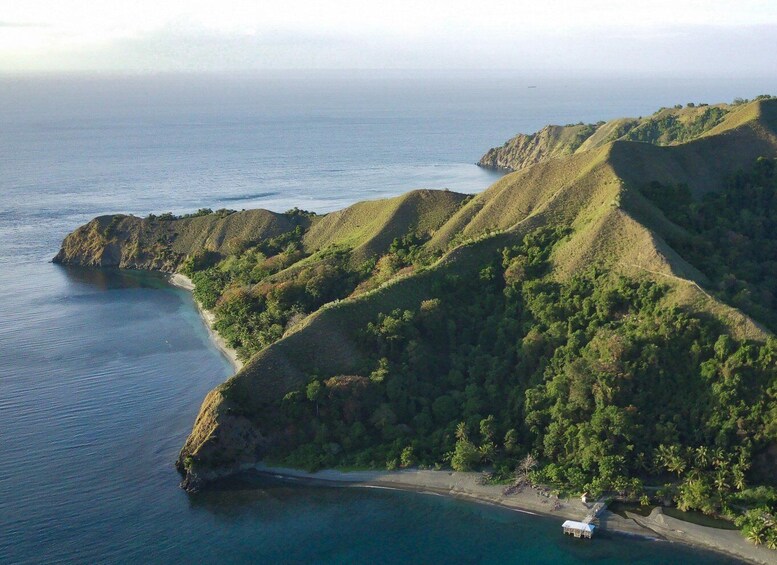A coastal landscape with rolling hills, a beach, and a small structure near the water's edge. 5