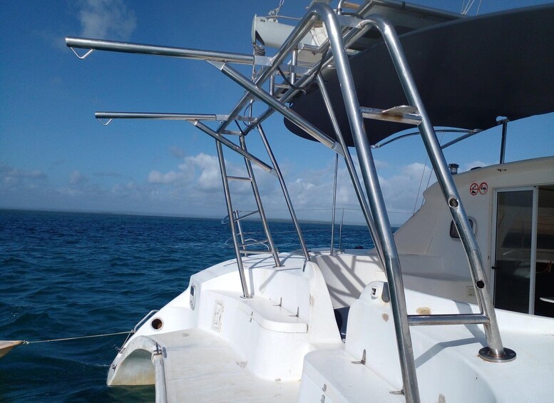 A boat's deck with metal railings and a clear view of the ocean. 4