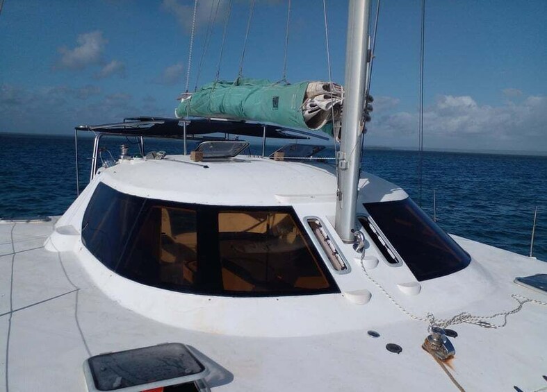 A sailboat with a covered deck area, a green cover on the mast, and a chain attached to the side. 1
