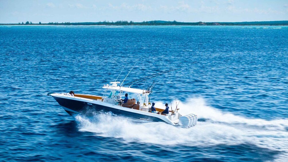 A speedboat on a calm sea with a clear sky. 1
