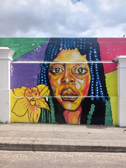 A colorful mural with a floral design and a face. 5