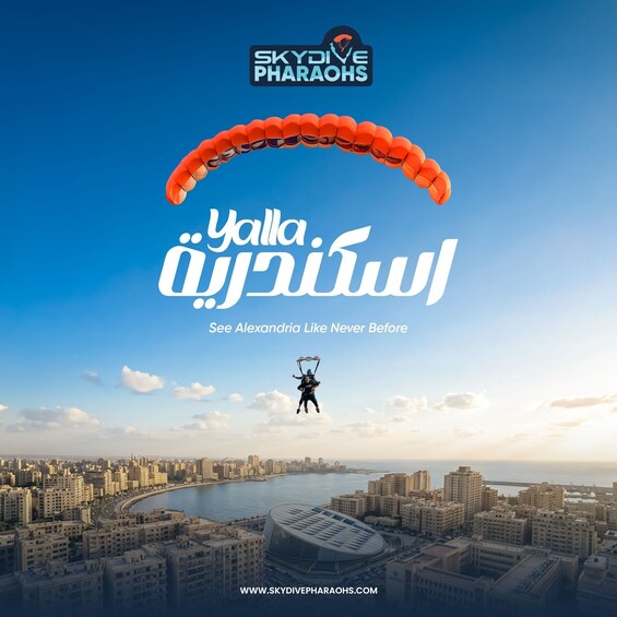 A cityscape with a person skydiving with a parachute. 1