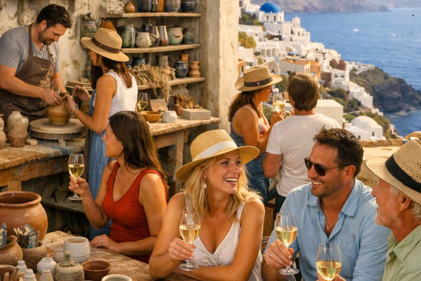 People at a pottery workshop with a view of a coastal town. 2