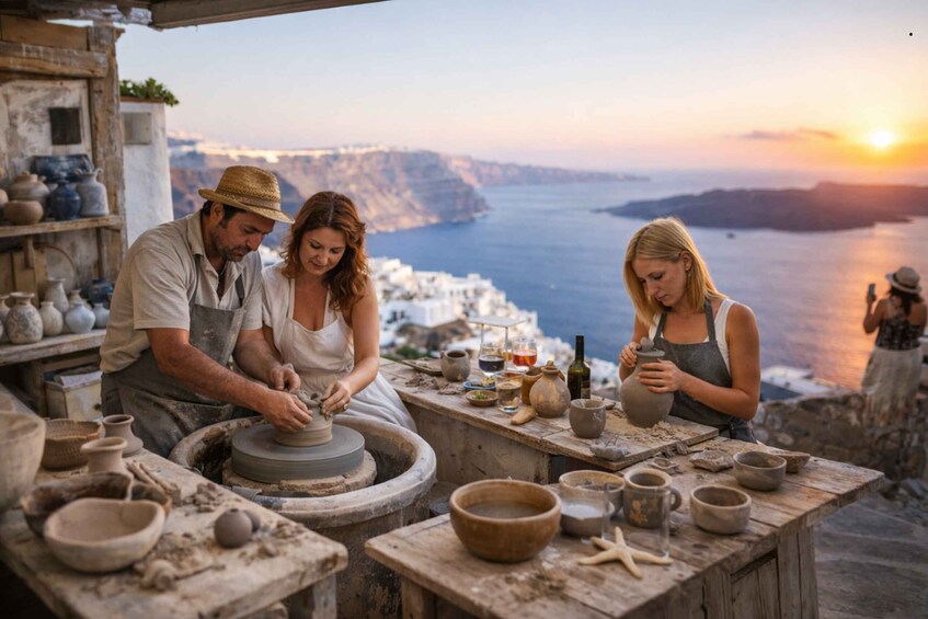 People engaged in pottery making with a scenic coastal backdrop. 1