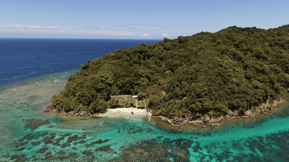 An aerial view of a tropical island with a small beach and dense forest. 1