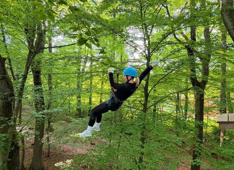 A person zip-lining through a forest. 5