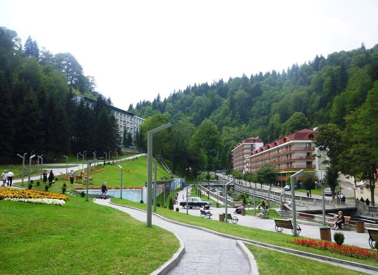 A park with a pathway, benches, and a building in the background. 3