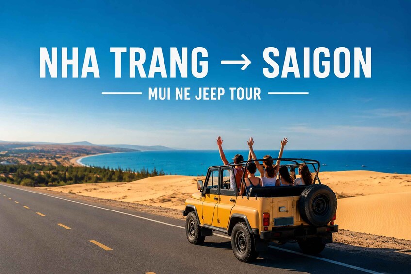 A yellow jeep on a road with people raising their hands, surrounded by sand dunes and the sea. 1