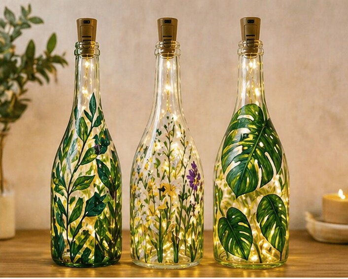 Three glass bottles with floral designs and LED lights. 4