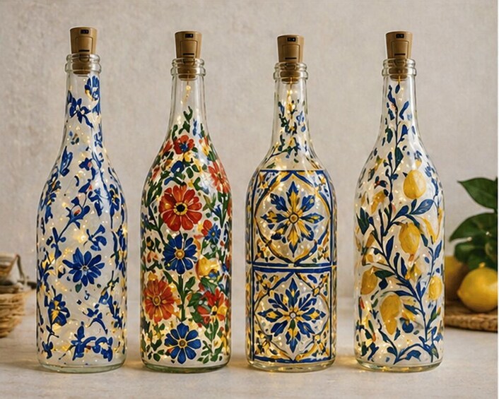 Four glass bottles with floral patterns. 2