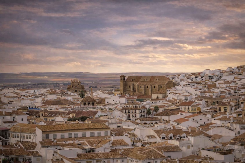 A coastal town with white buildings and a prominent historical building in the center. 3