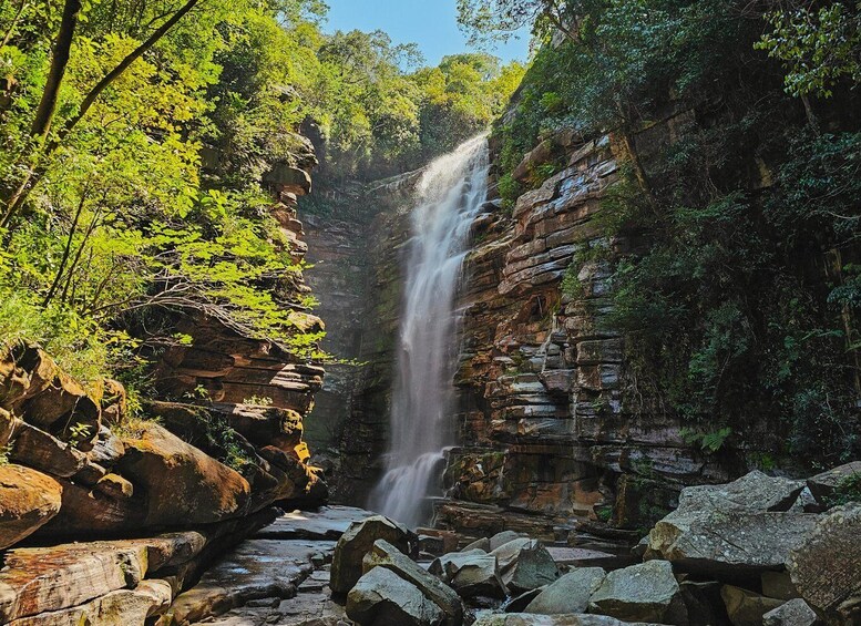 A waterfall cascading down a rocky cliff surrounded by lush greenery. 1