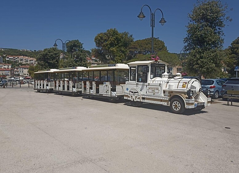 A white train car with 'MUSON-RIVER 1894' on the side, parked in a lot with other vehicles and trees in the background. 1