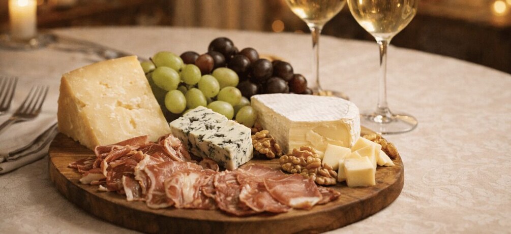 A charcuterie board with various cheeses, meats, and grapes. 1