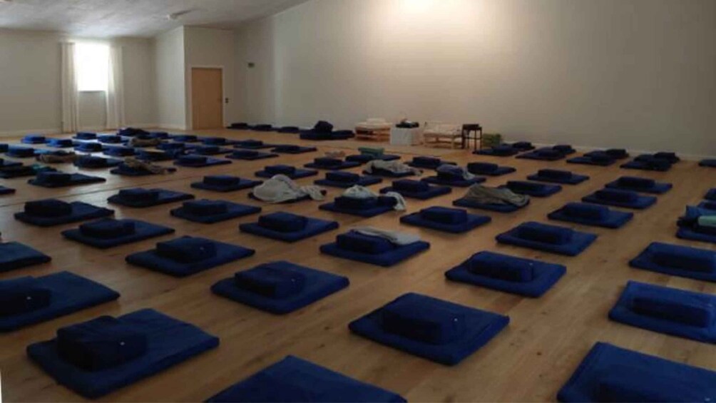 A large room with blue mats arranged on the floor, likely for a group activity or class. 3