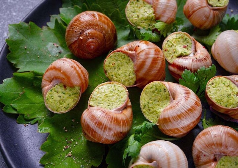 Escargot with green sauce on a bed of leaves. 2