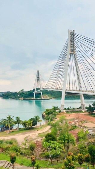 A cable-stayed bridge over a river with greenery and a clear sky. 1