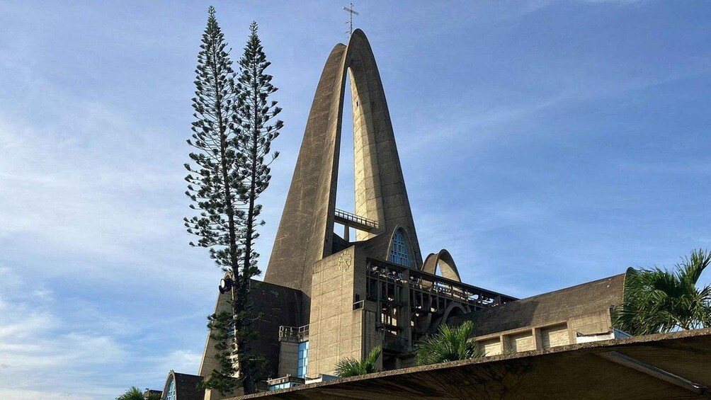 A modernist building with a unique triangular roof structure and a tall tree beside it. 4