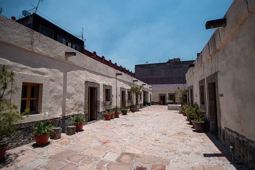 A stone-paved courtyard with potted plants and buildings with traditional architecture. 5