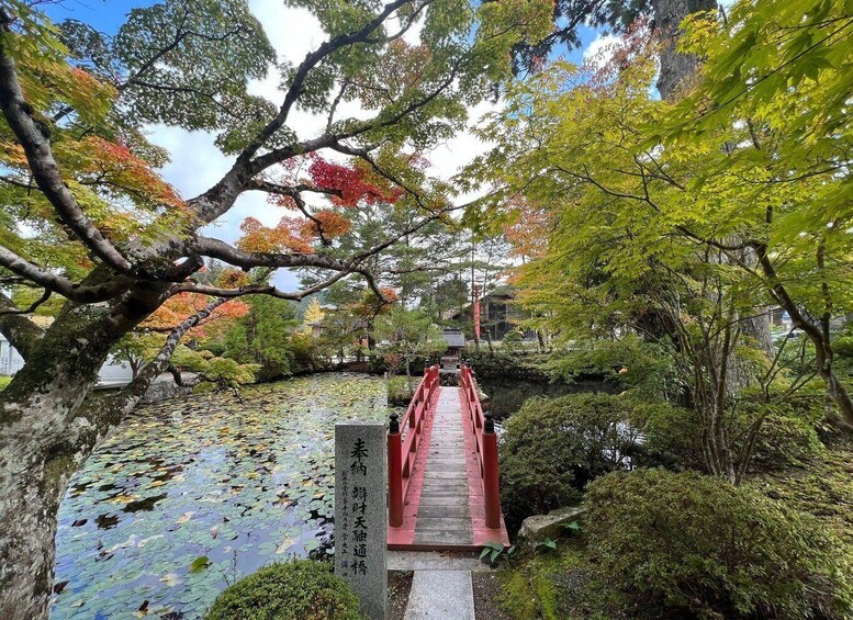 A wooden bridge over a pond with lily pads, surrounded by trees with autumn leaves. 2