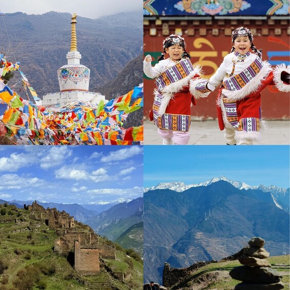 A colorful prayer flag, a traditional dance, a historic fort, and a mountain landscape. 5