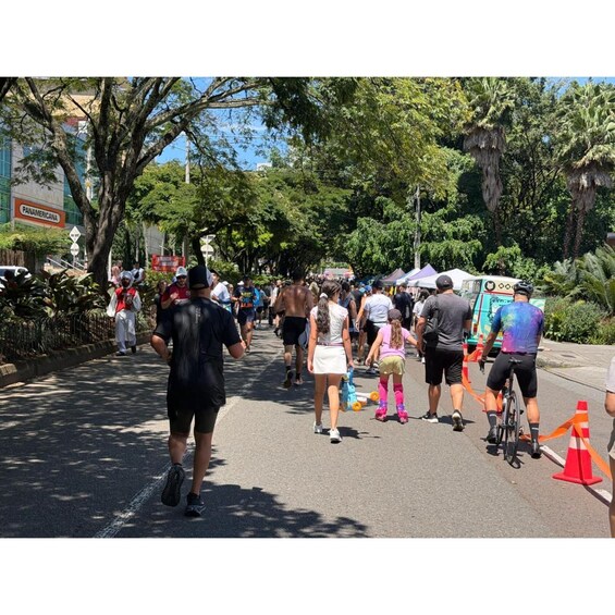 A street lined with trees and people walking, some with rollerblades. 4
