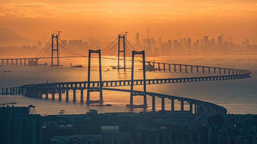 A suspension bridge with multiple towers and a city skyline in the background. 2