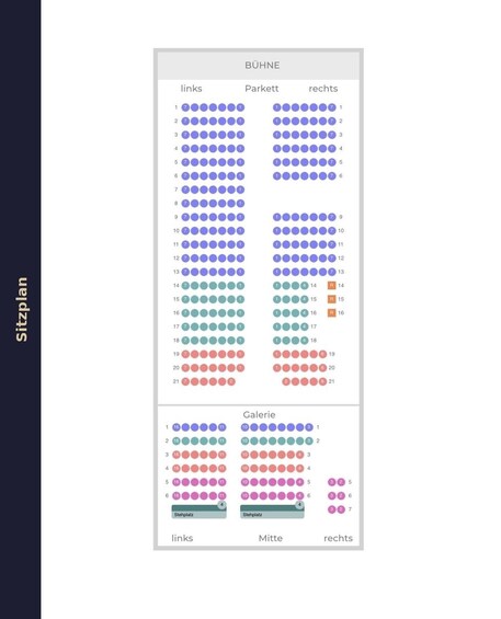 A seating plan with rows labeled 'links,' 'Parkett,' and 'rechts.' 3