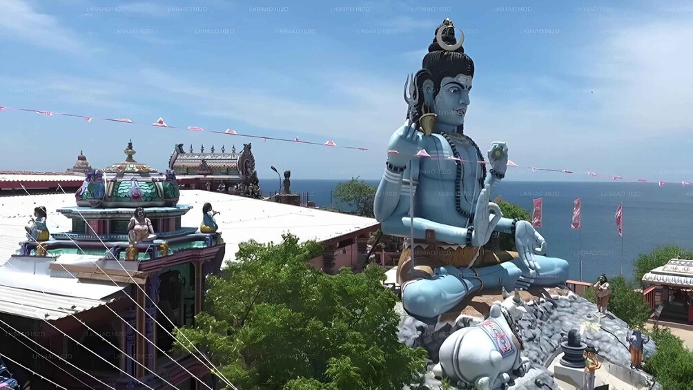 A large blue statue of a deity with multiple arms, a peacock, and a lotus base, surrounded by traditional temple architecture and flags. 4