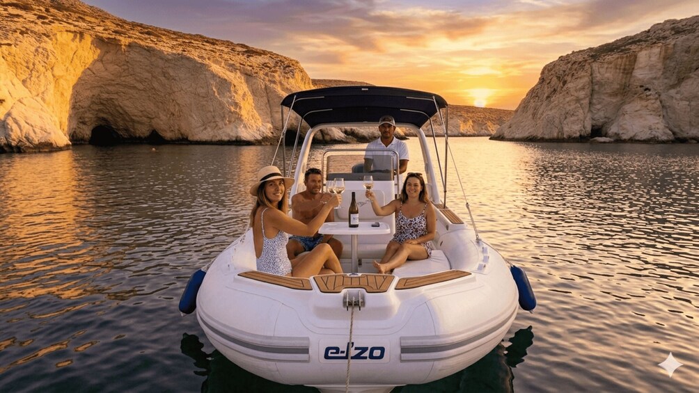 A boat with people on it, a sunset, and rocky cliffs. 1