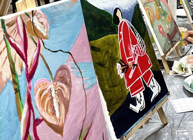 A painting in progress with a vibrant palette, featuring abstract shapes and a prominent red figure. 5