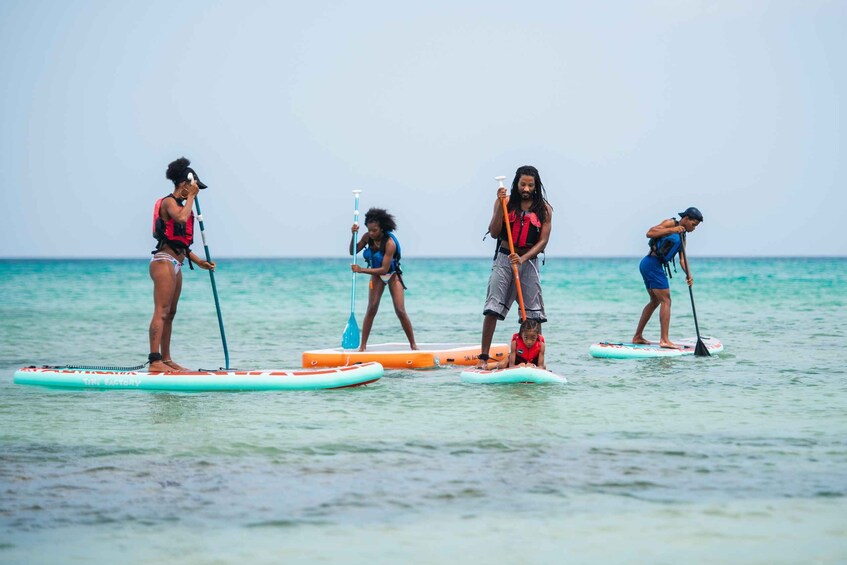 People paddleboarding on turquoise water with clear skies. 5