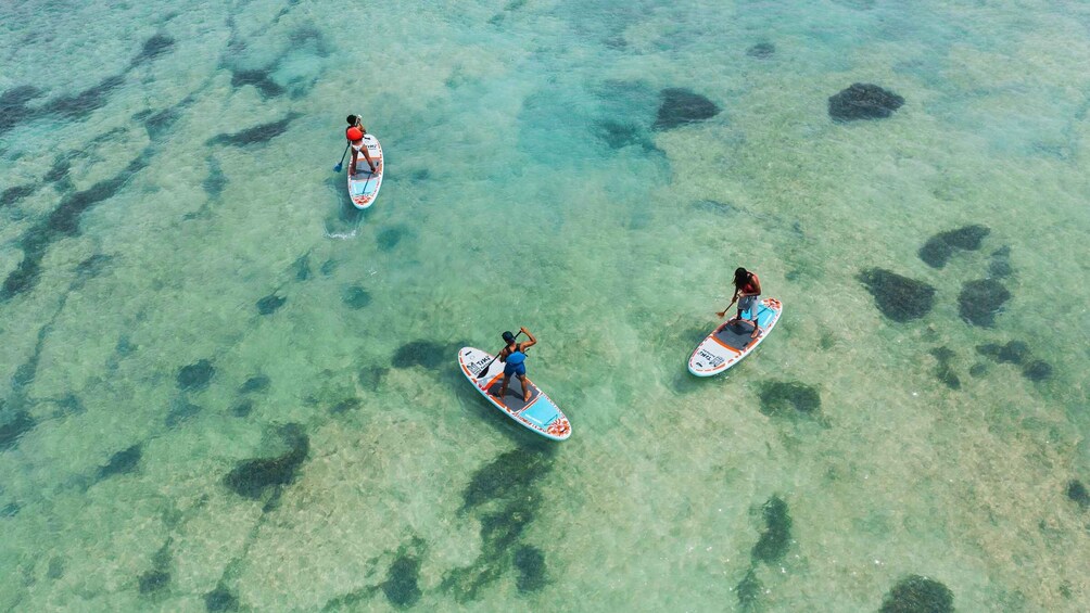 Three paddleboarders in clear turquoise waters. 2