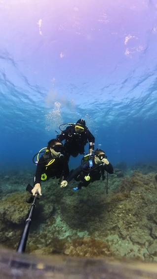 Two scuba divers underwater with a rocky seabed. 3