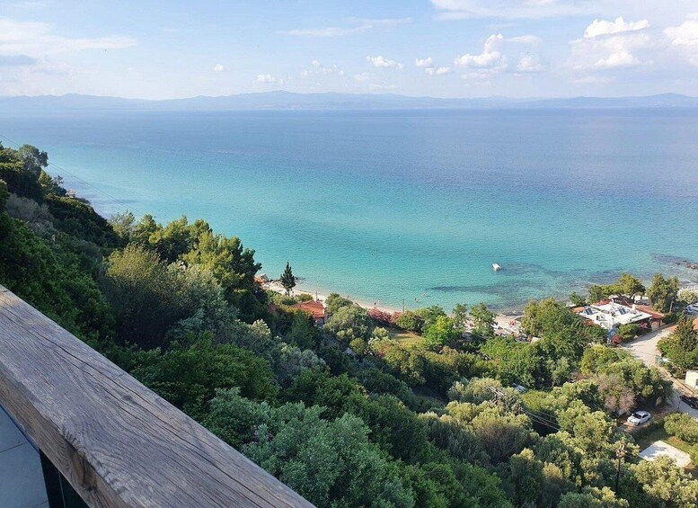A coastal landscape with a clear view of the sea, a beach, and a densely wooded area. 4