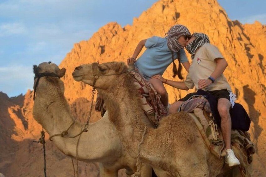 Dos personas montando un camello en un desierto con montañas rocosas al fondo. 3