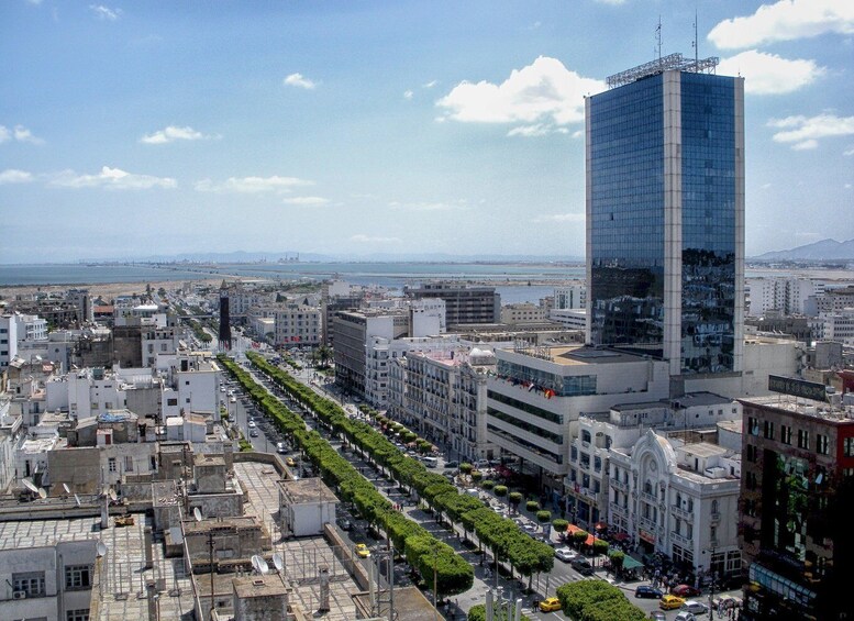 A cityscape with a prominent modern glass building, a tree-lined avenue, and a distant coastline. 5