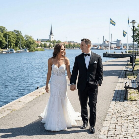 A couple in wedding attire walking along a waterfront promenade with a church and flags in the background. 1