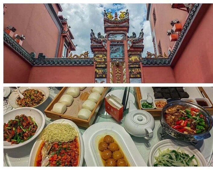 A traditional Chinese gate with intricate designs and a table with various dishes. 4