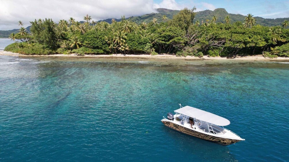 A boat on clear turquoise waters with a tropical island and mountains in the background. 5