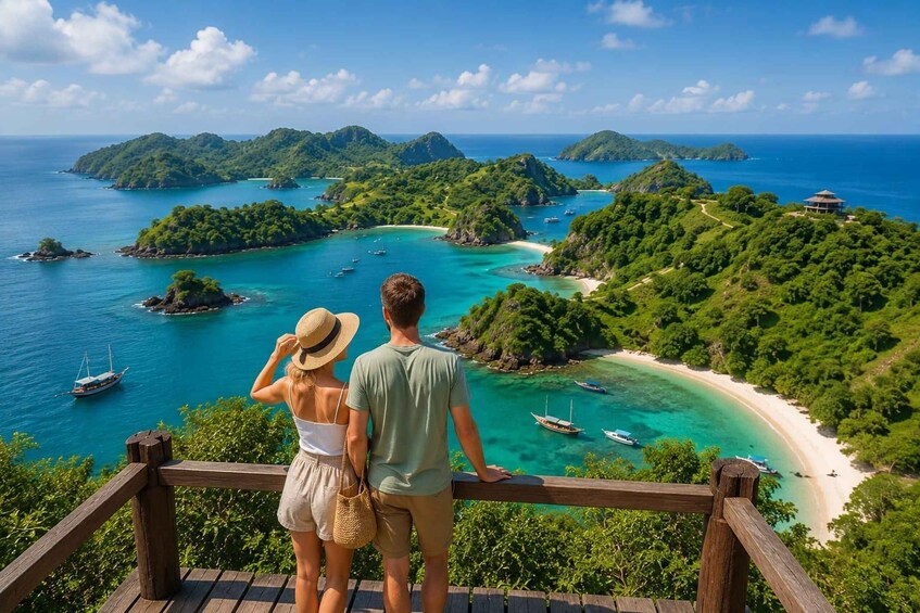 A couple overlooking a tropical island landscape with clear turquoise waters, small boats, and lush greenery. 1