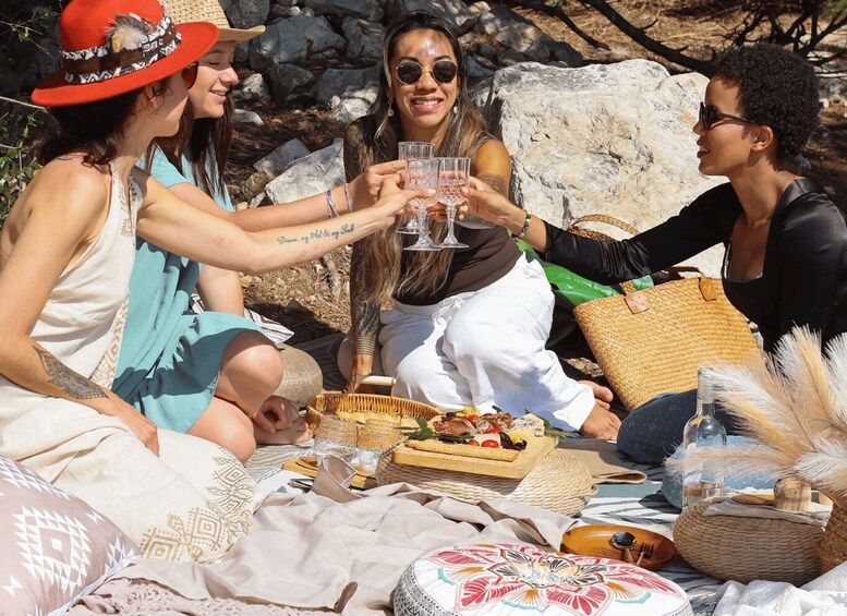 A group of people toasting with drinks, seated outdoors with a picnic setup. 3