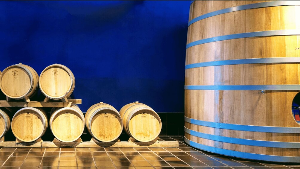 Wooden wine barrels and a large barrel with blue bands against a blue wall. 3
