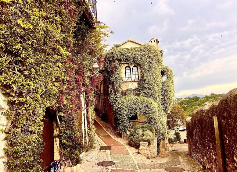 A narrow cobblestone street flanked by buildings covered in ivy, with a staircase leading to a door. 2