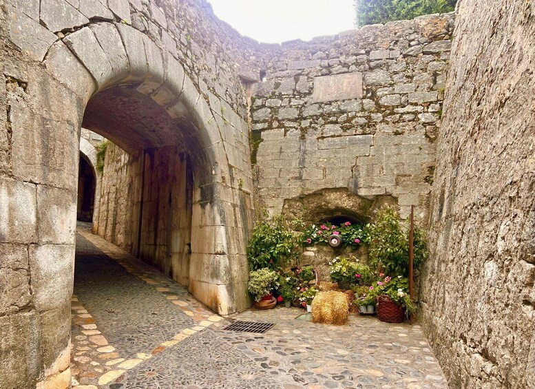 An ancient stone archway leading through a narrow passageway, with a small garden area featuring potted plants and flowers. 3